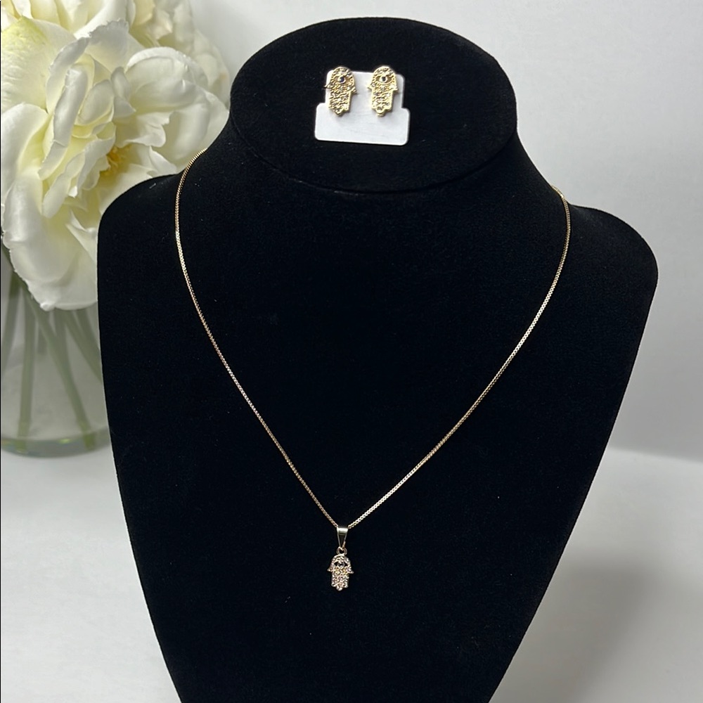 Good Luck Hamsa Hand Gold Necklace and Earring Set